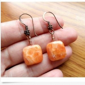Vintage Peach QUARTZ Earrings Copper findings Chic Square stones Boho drop dangl